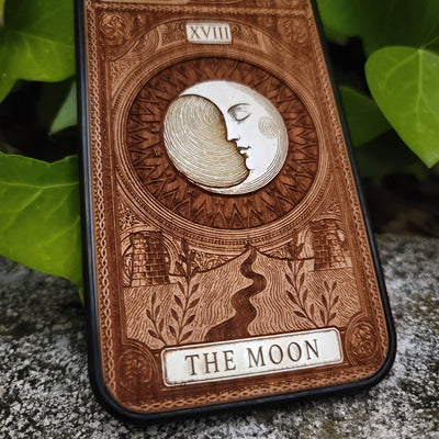 Handmade wooden phone case featuring The Moon tarot card design, laser engraved and hand-painted. Fits iPhone , 15, 14, 13, 12 Pro Max and Samsung Galaxy S, S24, S23, S22 Ultra and Plus models.