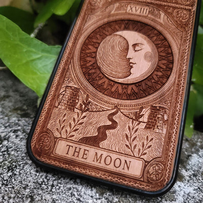 Handmade wooden phone case featuring The Moon tarot card design, laser engraved. Fits iPhone , 15, 14, 13, 12 Pro Max and Samsung Galaxy S, S24, S23, S22 Ultra and Plus models.
