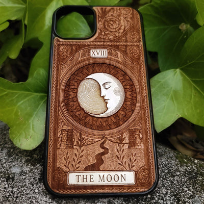 Handmade wooden phone case featuring The Moon tarot card design, laser engraved and hand-painted. Fits iPhone , 15, 14, 13, 12 Pro Max and Samsung Galaxy S, S24, S23, S22 Ultra and Plus models.