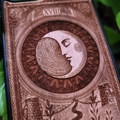 Handmade wooden phone case featuring The Moon tarot card design, laser engraved. Fits iPhone , 15, 14, 13, 12 Pro Max and Samsung Galaxy S, S24, S23, S22 Ultra and Plus models.