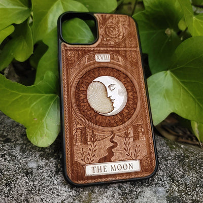 Handmade wooden phone case featuring The Moon tarot card design, laser engraved and hand-painted. Fits iPhone , 15, 14, 13, 12 Pro Max and Samsung Galaxy S, S24, S23, S22 Ultra and Plus models.