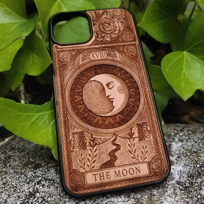 Handmade wooden phone case featuring The Moon tarot card design, laser engraved. Fits iPhone , 15, 14, 13, 12 Pro Max and Samsung Galaxy S, S24, S23, S22 Ultra and Plus models.