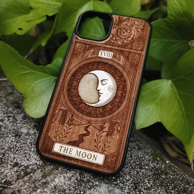 Handmade wooden phone case featuring The Moon tarot card design, laser engraved and hand-painted. Fits iPhone , 15, 14, 13, 12 Pro Max and Samsung Galaxy S, S24, S23, S22 Ultra and Plus models.