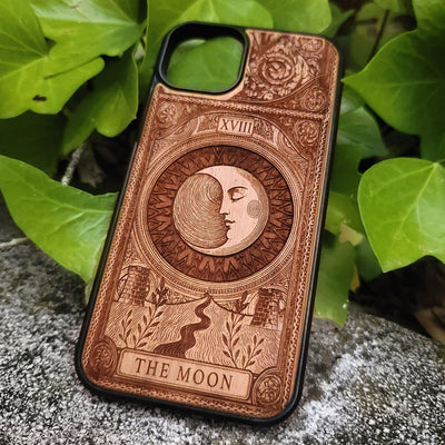 Handmade wooden phone case featuring The Moon tarot card design, laser engraved. Fits iPhone , 15, 14, 13, 12 Pro Max and Samsung Galaxy S, S24, S23, S22 Ultra and Plus models.