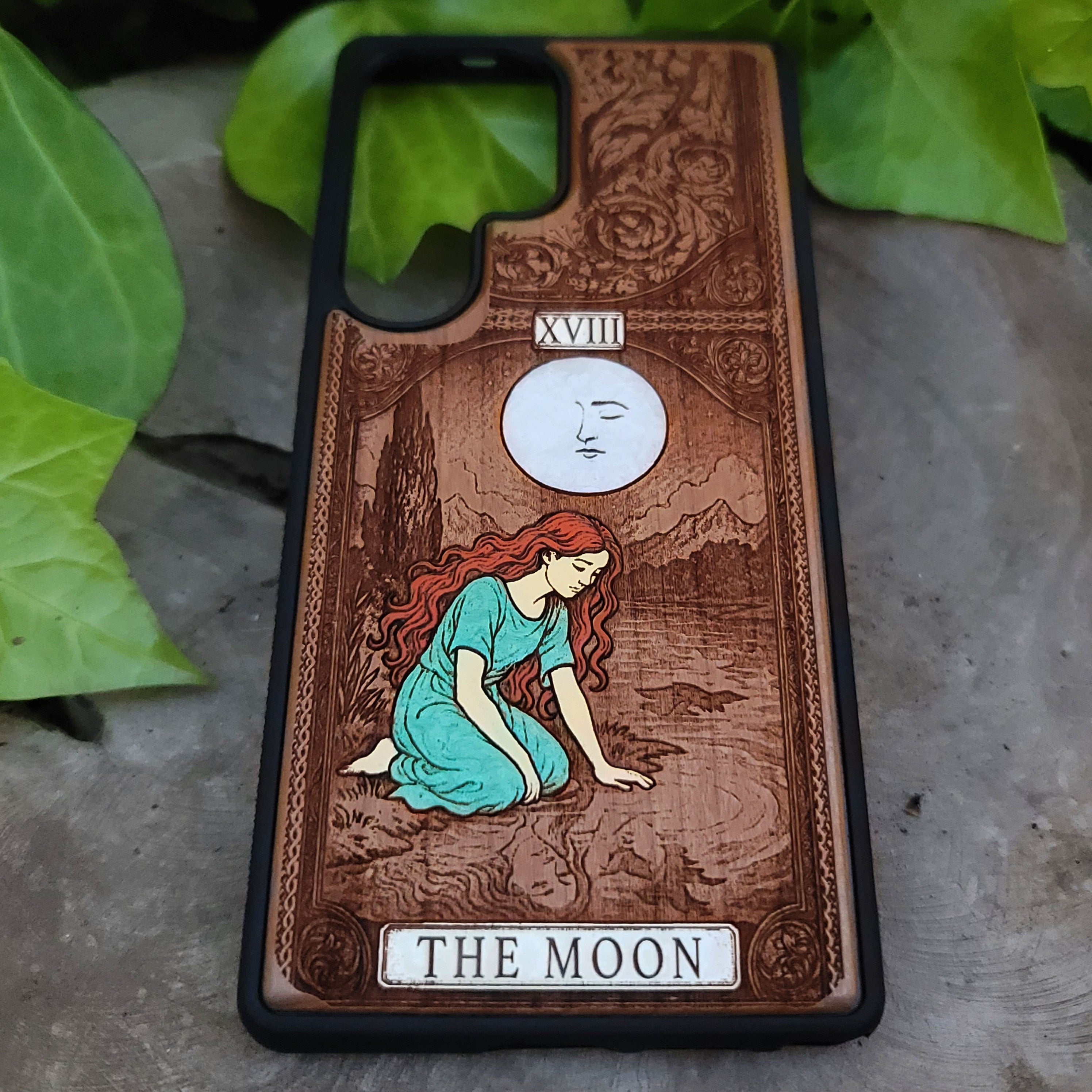 The Moon II Tarot Card Wood Phone Case Painted – gothic art, engraved wood, dark fantasy, skeleton design, artisan crafted