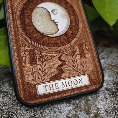 Handmade wooden phone case featuring The Moon tarot card design, laser engraved and hand-painted. Fits iPhone , 15, 14, 13, 12 Pro Max and Samsung Galaxy S, S24, S23, S22 Ultra and Plus models.