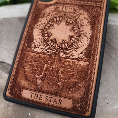 Handcrafted wooden phone case featuring The Star tarot card design — double laser-engraved for deep detail and mystical symbolism, compatible with iPhone and Galaxy models, perfect witchy celestial gift for tarot lovers and spiritual seekers.