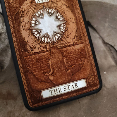 Handcrafted wooden phone case featuring The Star tarot card design — double laser-engraved for deep detail and mystical symbolism, compatible with iPhone and Galaxy models, perfect witchy celestial gift for tarot lovers and spiritual seekers.
