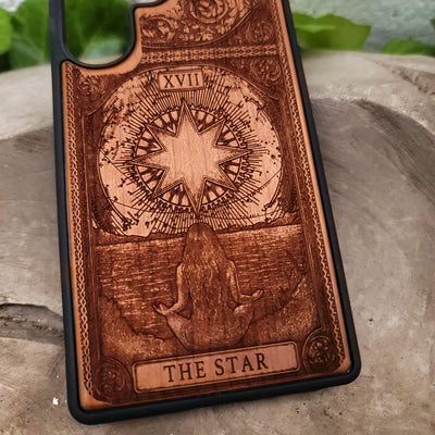 Handcrafted wooden phone case featuring The Star tarot card design — double laser-engraved for deep detail and mystical symbolism, compatible with iPhone and Galaxy models, perfect witchy celestial gift for tarot lovers and spiritual seekers.