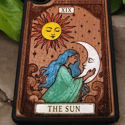 The Sun II Tarot Card Wood Phone Case Painted – gothic art, engraved wood, dark fantasy, skeleton design, artisan crafted