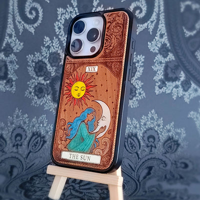 Die Sonne Tarot Karte Holz Handytasche bemalt