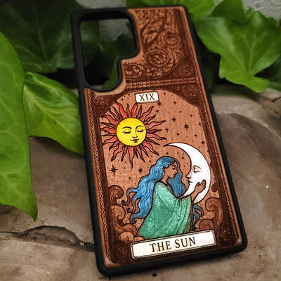 The Sun II Tarot Card Wood Phone Case Painted – gothic art, engraved wood, dark fantasy, skeleton design, artisan crafted