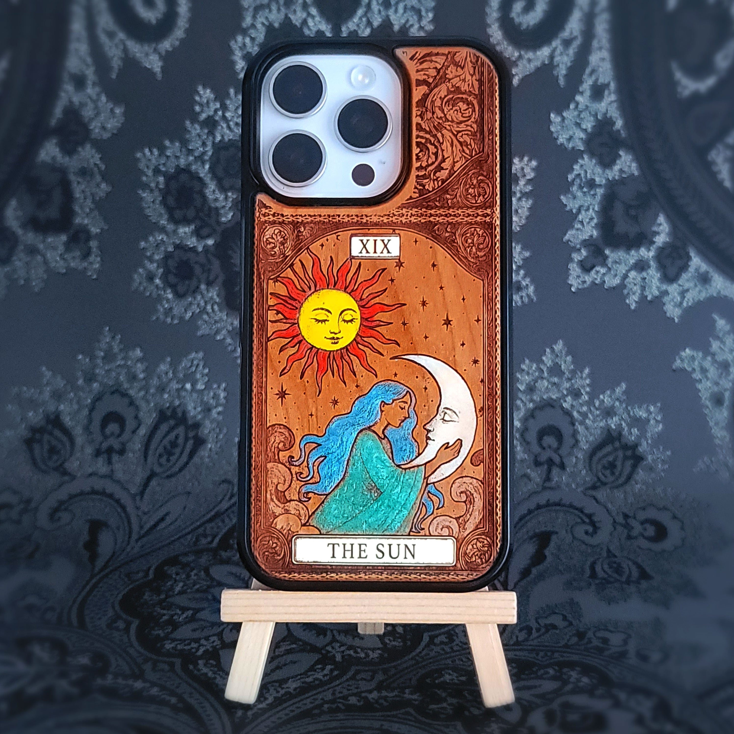 Die Sonne Tarot Karte Holz Handytasche bemalt