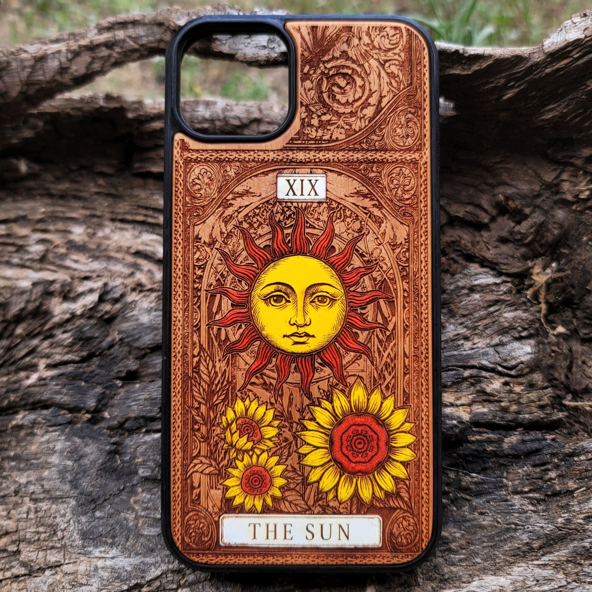 The Sun tarot wood phone case – hand-painted & engraved for iPhone , Galaxy S – joyful mystical design