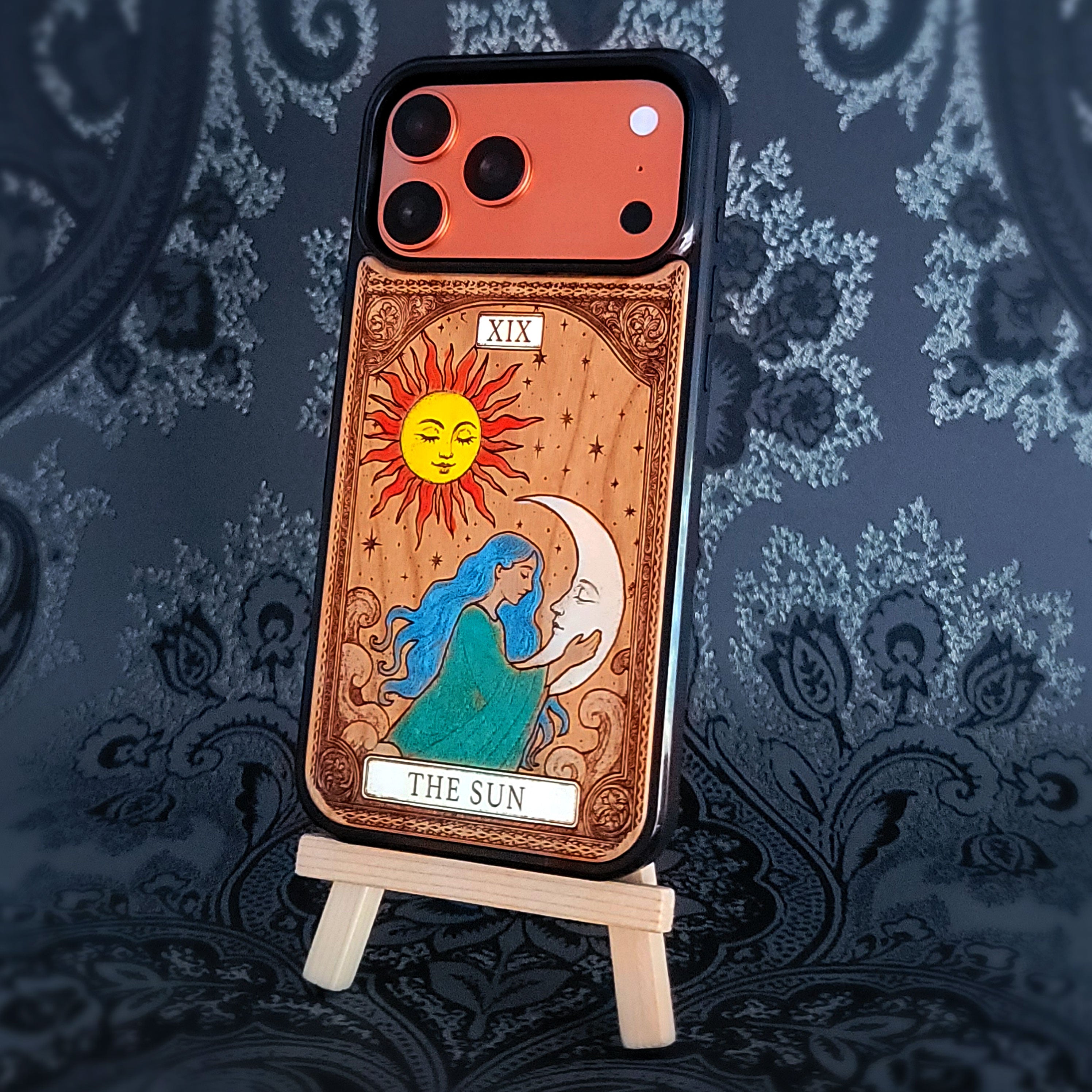 Die Sonne Tarot Karte Holz Handytasche bemalt