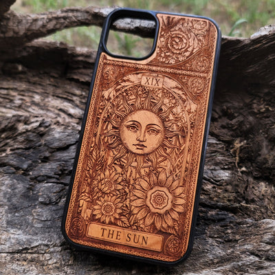 Engraved Sun tarot wood phone case for iPhone  & Galaxy S – radiant mystical design