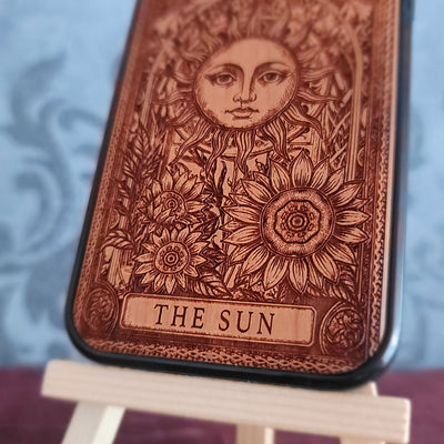 Engraved Sun tarot wood phone case for iPhone  & Galaxy S – radiant mystical design