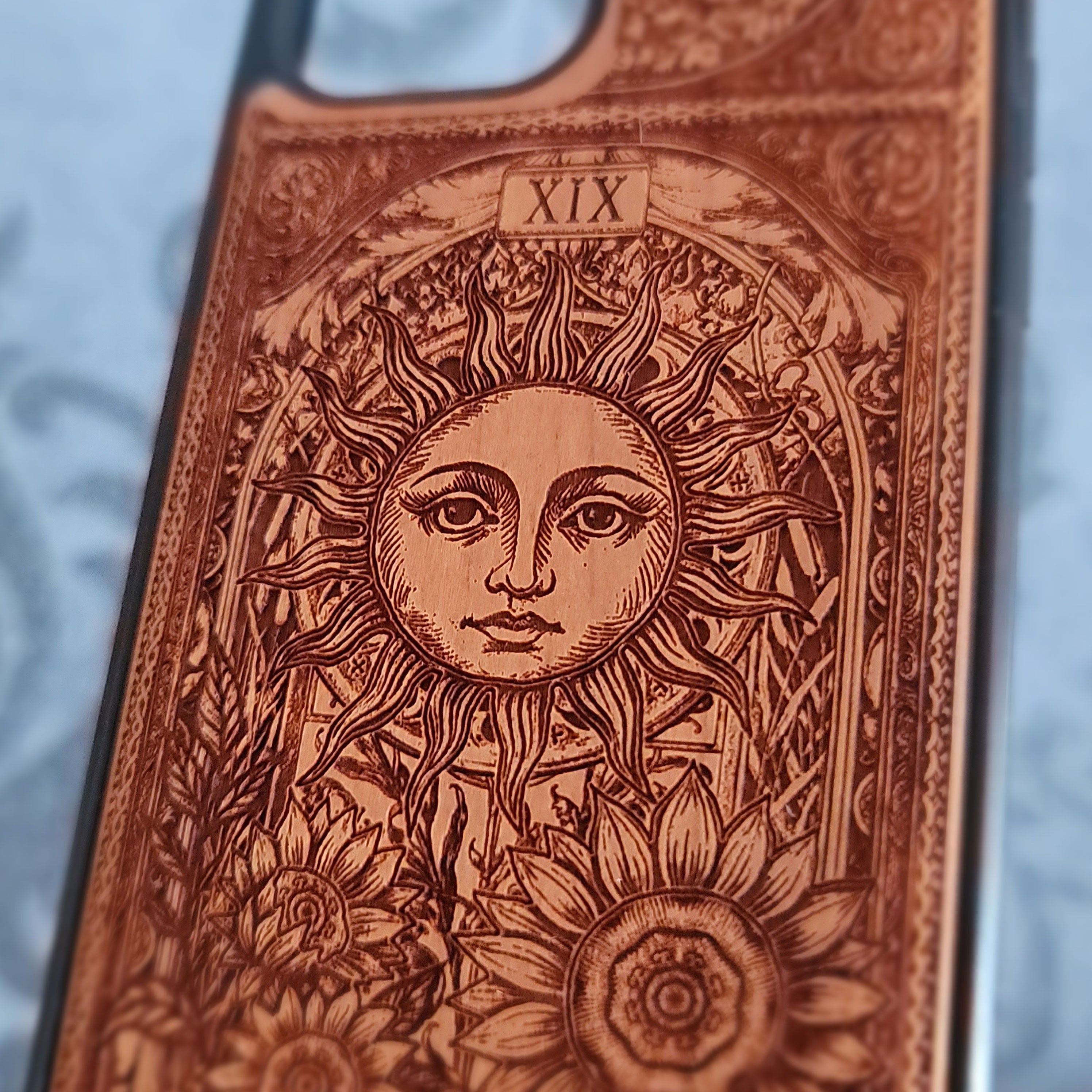 Engraved Sun tarot wood phone case for iPhone  & Galaxy S – radiant mystical design
