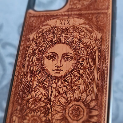 Engraved Sun tarot wood phone case for iPhone  & Galaxy S – radiant mystical design