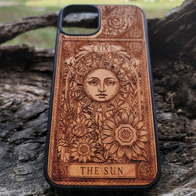 Engraved Sun tarot wood phone case for iPhone  & Galaxy S – radiant mystical design