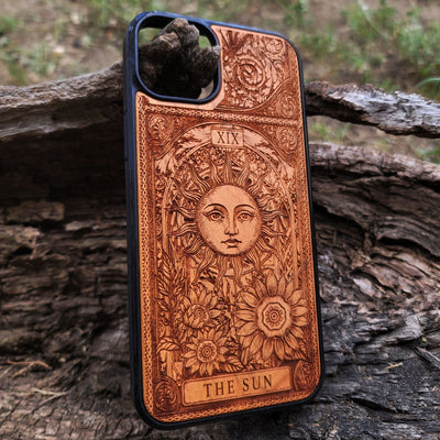 Engraved Sun tarot wood phone case for iPhone  & Galaxy S – radiant mystical design