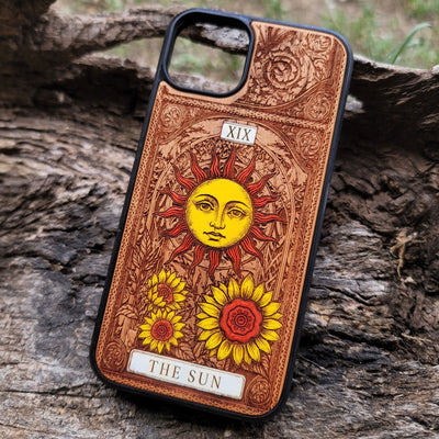 The Sun tarot wood phone case – hand-painted & engraved for iPhone , Galaxy S – joyful mystical design