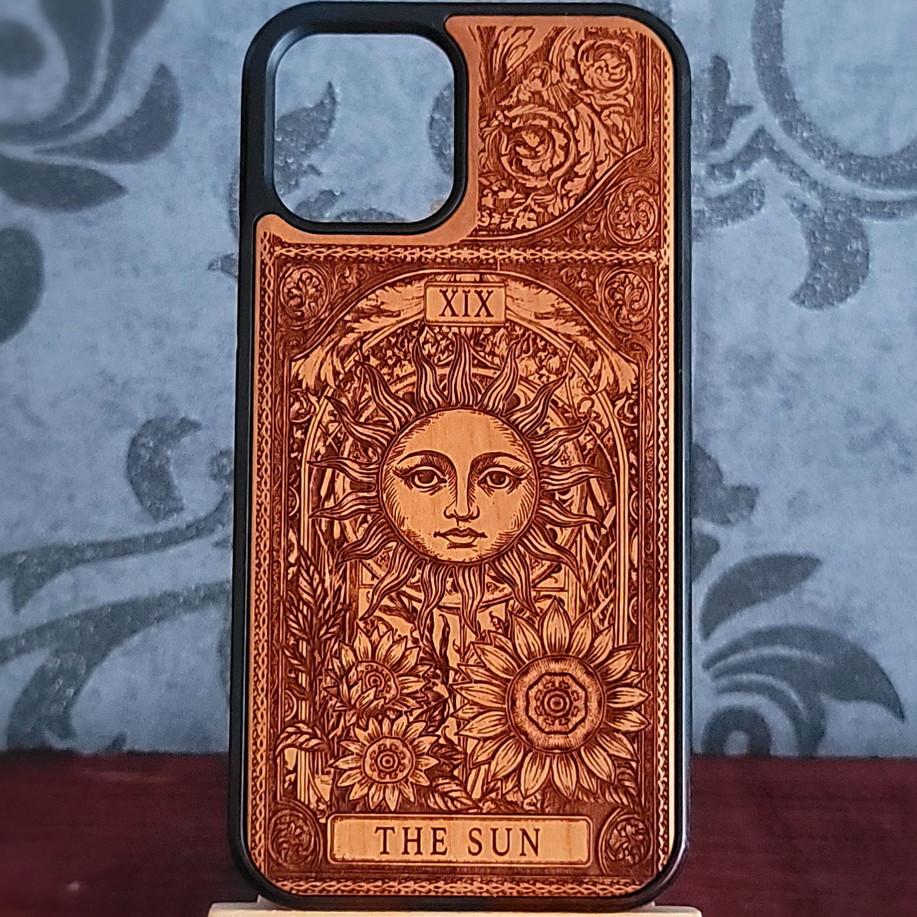 Engraved Sun tarot wood phone case for iPhone  & Galaxy S – radiant mystical design