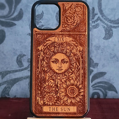 Engraved Sun tarot wood phone case for iPhone  & Galaxy S – radiant mystical design