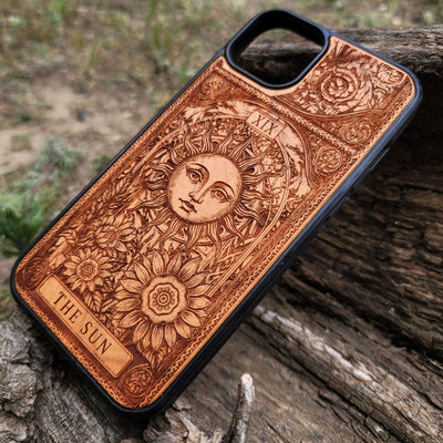 Engraved Sun tarot wood phone case for iPhone  & Galaxy S – radiant mystical design