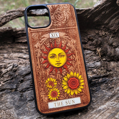 The Sun tarot wood phone case – hand-painted & engraved for iPhone , Galaxy S – joyful mystical design