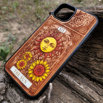 The Sun tarot wood phone case – hand-painted & engraved for iPhone , Galaxy S – joyful mystical design