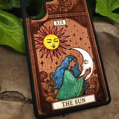 The Sun II Tarot Card Wood Phone Case Painted – gothic art, engraved wood, dark fantasy, skeleton design, artisan crafted