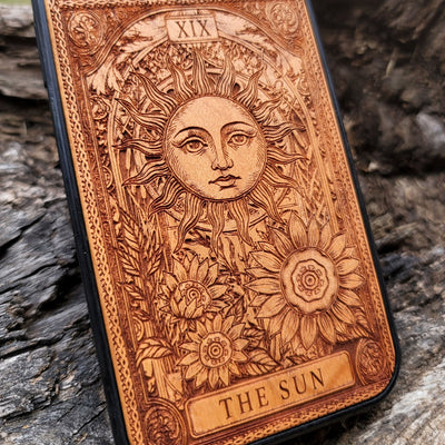 Engraved Sun tarot wood phone case for iPhone  & Galaxy S – radiant mystical design