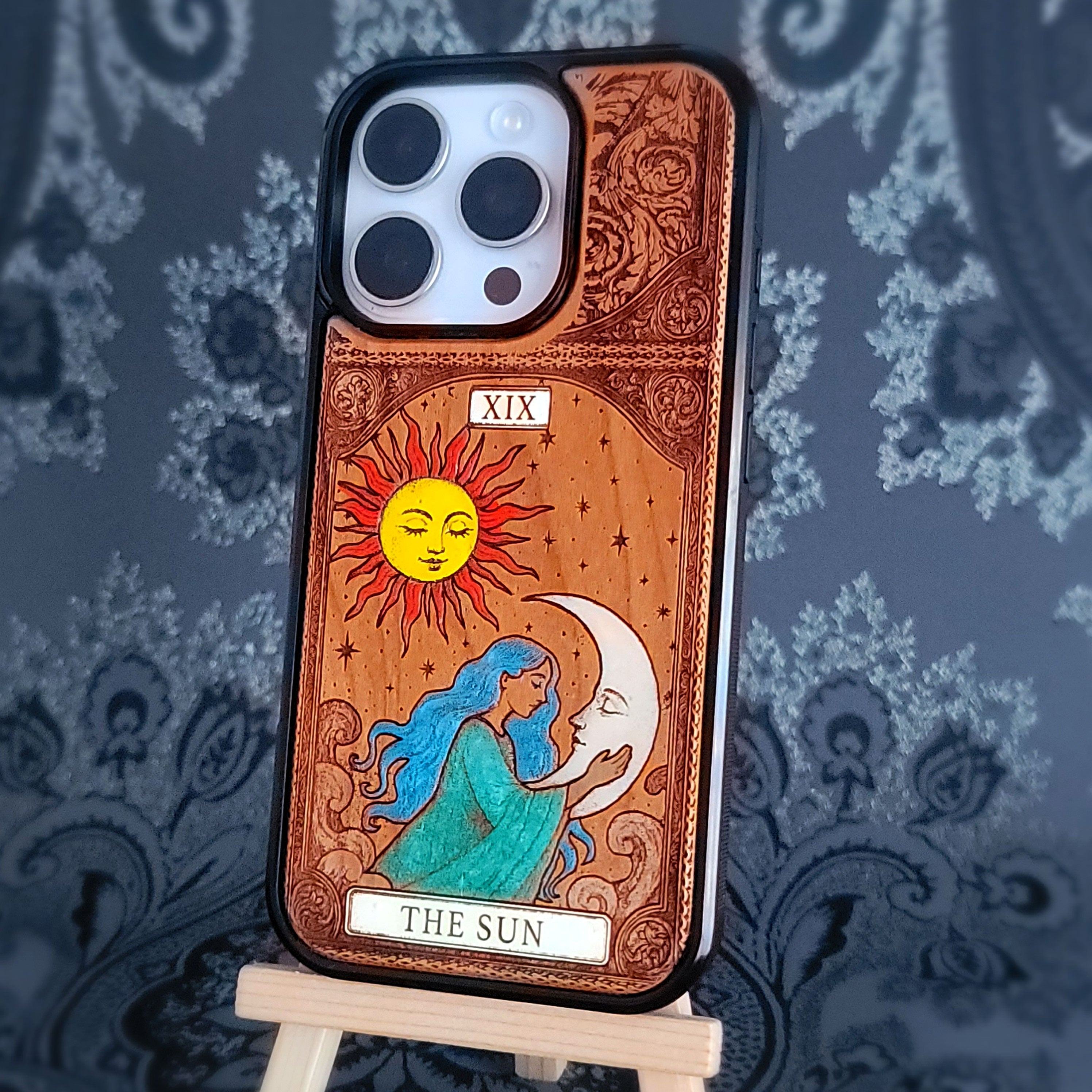 Die Sonne Tarot Karte Holz Handytasche bemalt