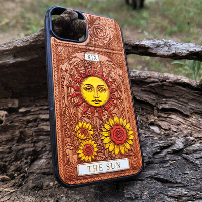 The Sun tarot wood phone case – hand-painted & engraved for iPhone , Galaxy S – joyful mystical design