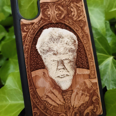 Wooden phone case featuring a laser-engraved classic Werewolf design inspired by vintage monster movies — gothic, spooky, and perfect for horror collectors.