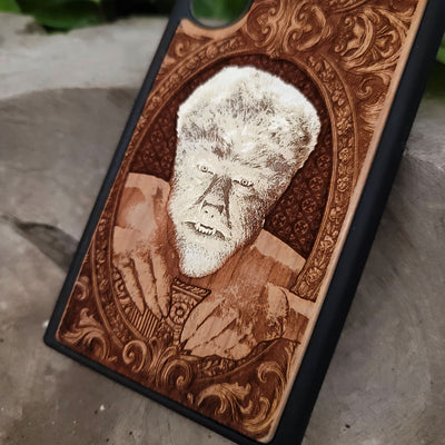 Werewolf - Wood Phone Case - Hand Painted – gothic art, engraved wood, dark fantasy, skeleton design, artisan crafted