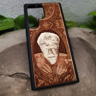 Werewolf - Wood Phone Case - Hand Painted – gothic art, engraved wood, dark fantasy, skeleton design, artisan crafted