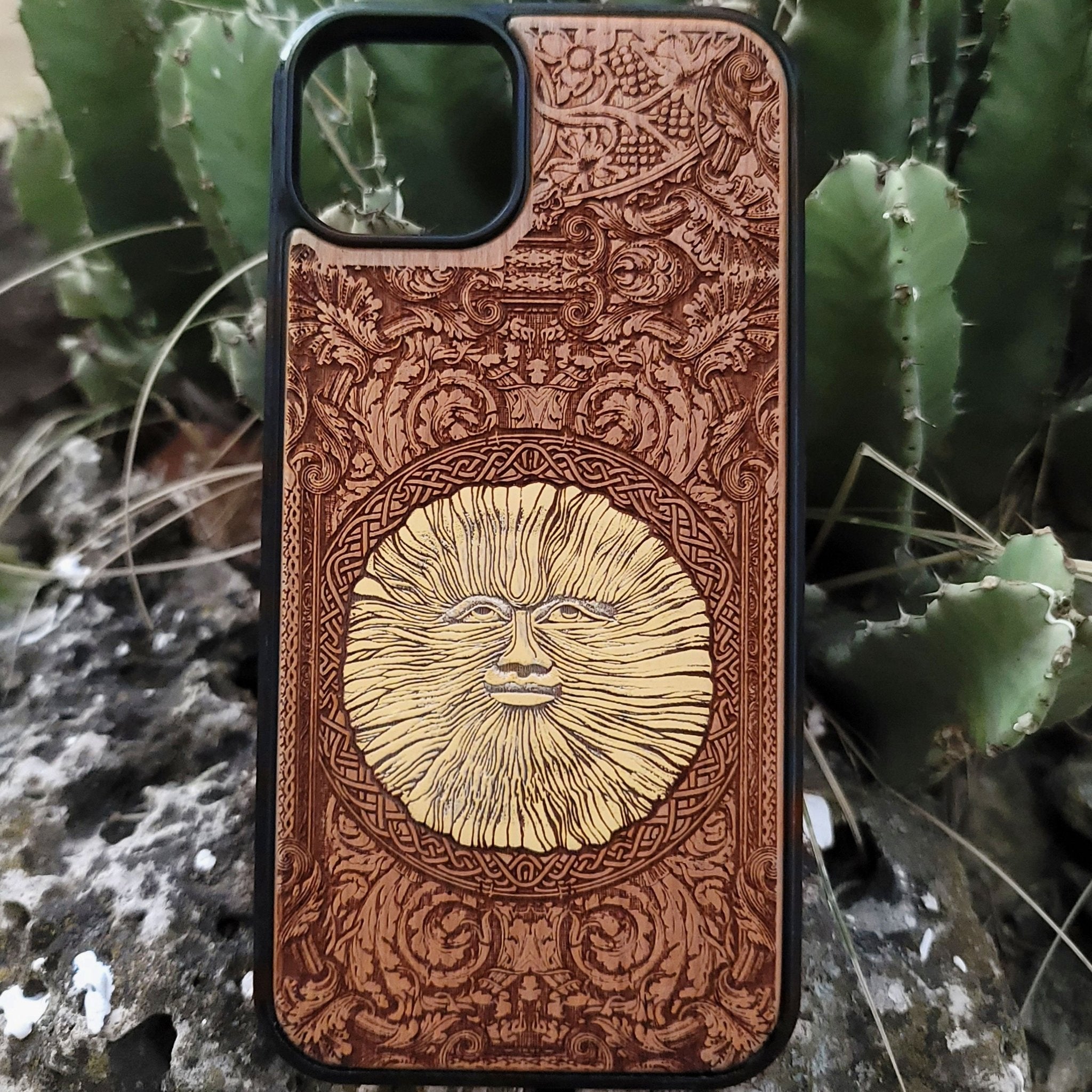 Engraved wood phone case with Wicker Man pagan sun symbol design for iPhone –11 and Samsung Galaxy S–S20