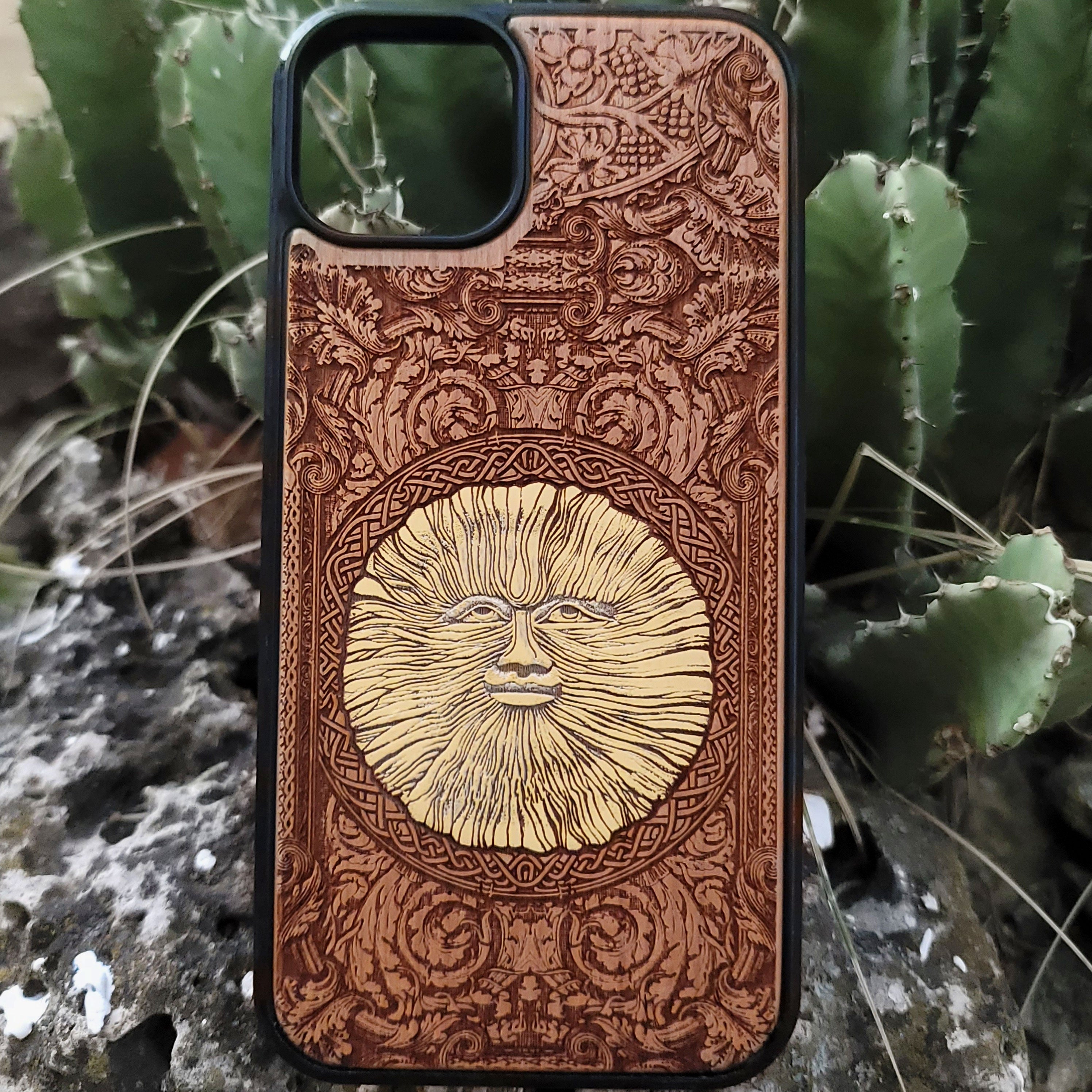 Engraved wood phone case with Wicker Man pagan sun symbol design for iPhone 16–11 and Samsung Galaxy S25–S20