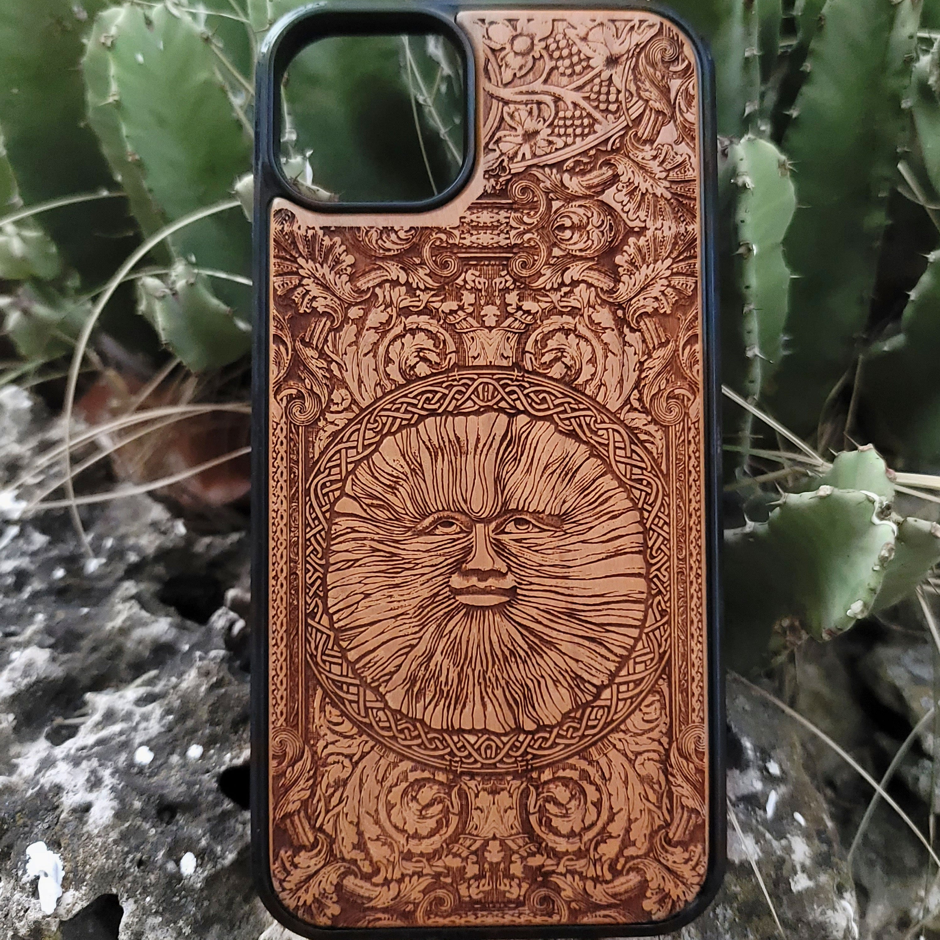 Engraved wood phone case with Wicker Man pagan sun symbol design for iPhone 16–11 and Samsung Galaxy S25–S20