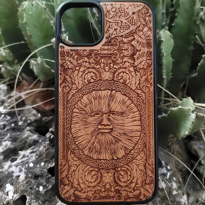 Engraved wood phone case with Wicker Man pagan sun symbol design for iPhone –11 and Samsung Galaxy S–S20