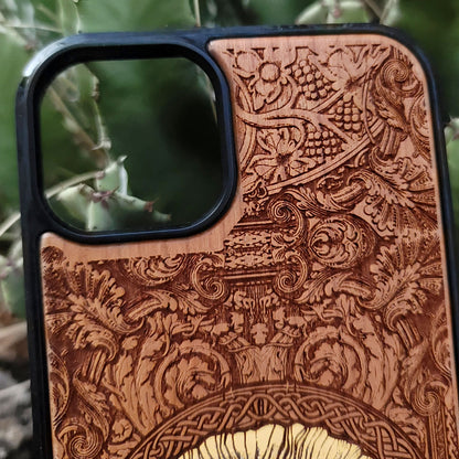 Engraved wood phone case with Wicker Man pagan sun symbol design for iPhone 16–11 and Samsung Galaxy S25–S20