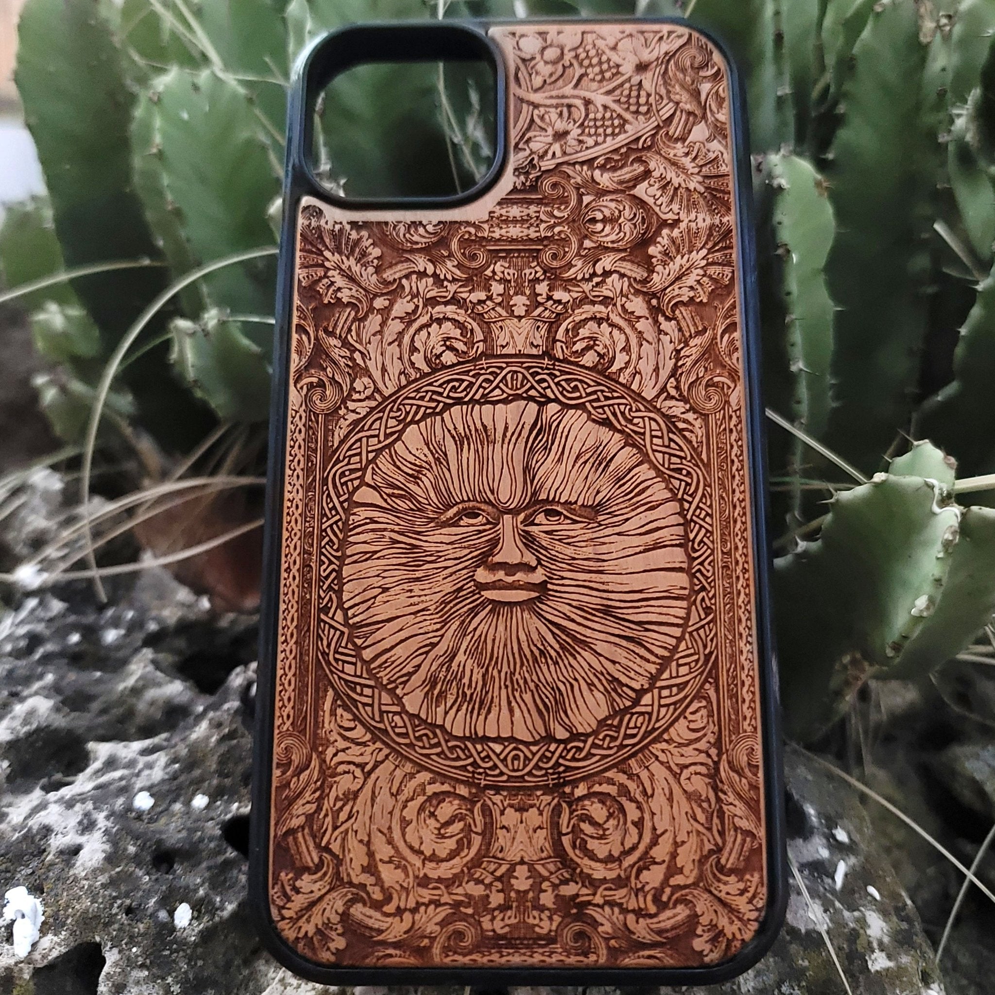 Engraved wood phone case with Wicker Man pagan sun symbol design for iPhone –11 and Samsung Galaxy S–S20