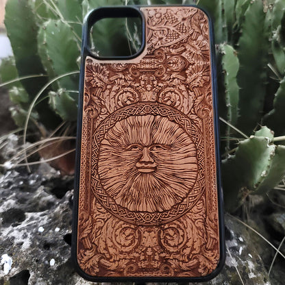 Engraved wood phone case with Wicker Man pagan sun symbol design for iPhone 16–11 and Samsung Galaxy S25–S20