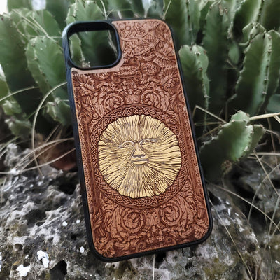 Engraved wood phone case with Wicker Man pagan sun symbol design for iPhone –11 and Samsung Galaxy S–S20
