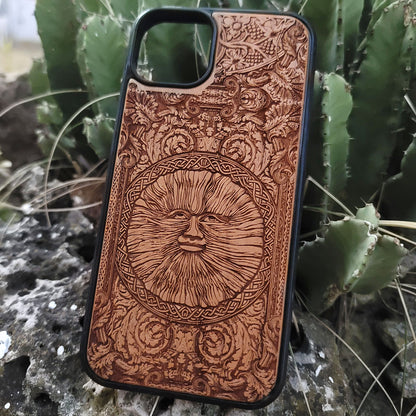 Engraved wood phone case with Wicker Man pagan sun symbol design for iPhone 16–11 and Samsung Galaxy S25–S20