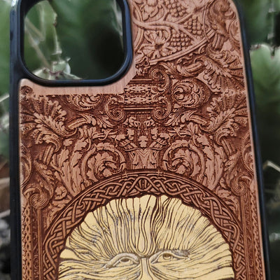 Engraved wood phone case with Wicker Man pagan sun symbol design for iPhone –11 and Samsung Galaxy S–S20