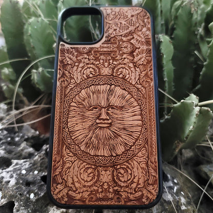 Engraved wood phone case with Wicker Man pagan sun symbol design for iPhone 16–11 and Samsung Galaxy S25–S20