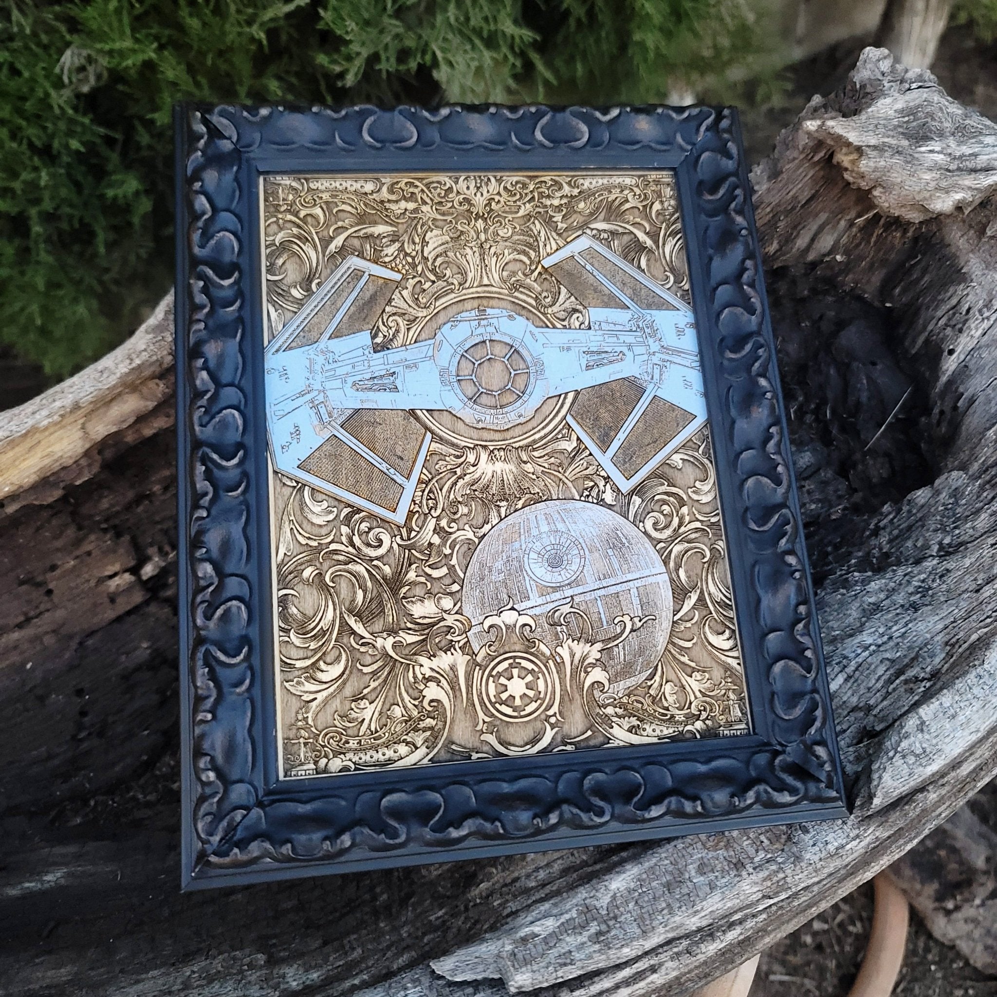 Engraved wooden art of Darth Vader’s TIE Fighter – sci-fi gift